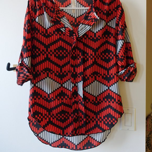 Poema geometric red grey black boho tunic top S SM Small - Picture 3 of 12